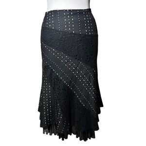 Vintage Young Essence Midi Skirt Size S Black Lace Paneled Ruffle Hem